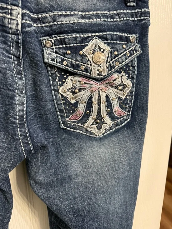 SKY Premium Collection Embellished Bootcut Jeans Womens 13/14 Y2K Bling Pink bow - Picture 5 of 7